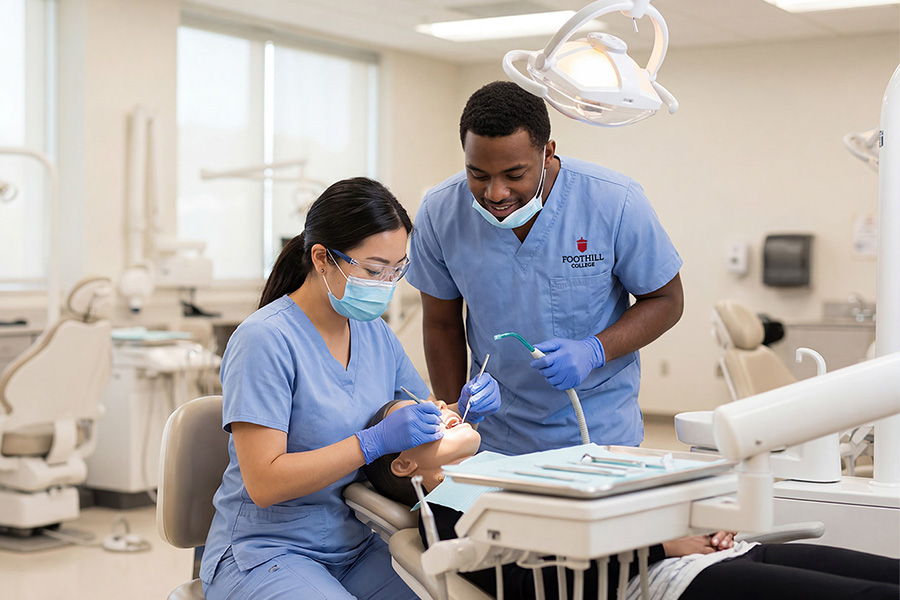 Dental hygiene students providing patient care, practicing clinical skills in a modern lab setting.