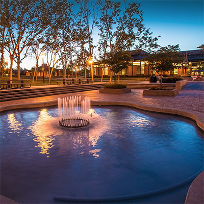 Library Quad Fountain at dusk