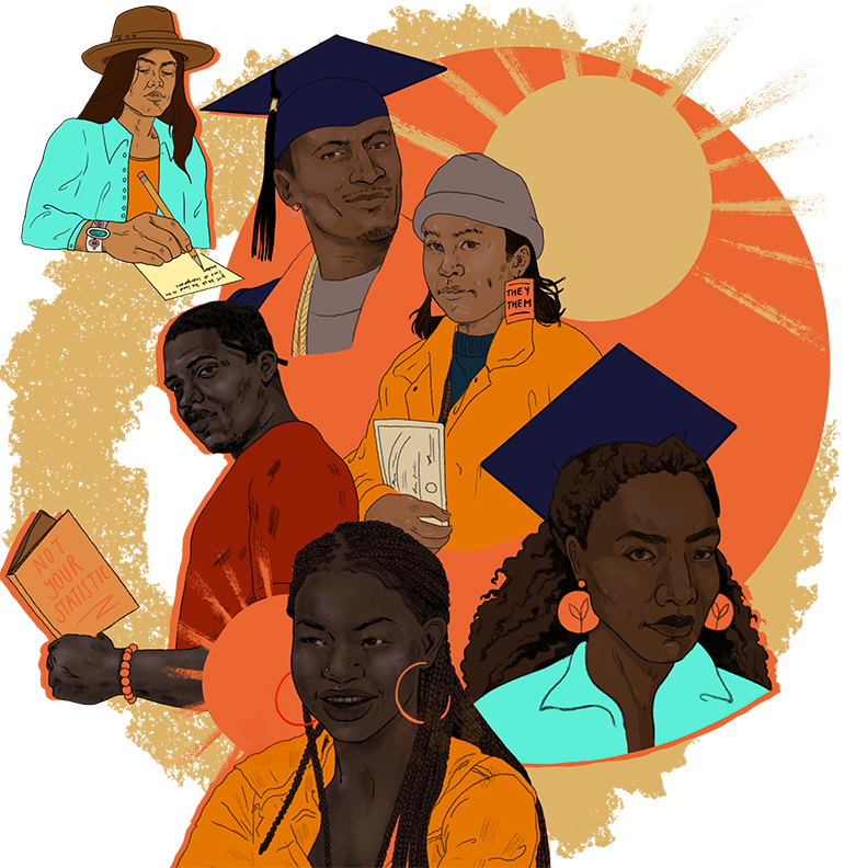 Illustration by Malaya Tuyay. It is a mural of a diverse group planing, smiling, and vibing.