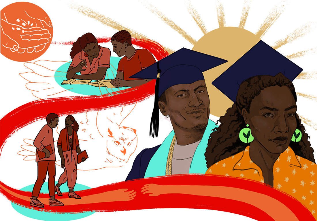 Illustration by Malaya Tuyay. It is a mural of a dproud group in graduation gowns exuding success.