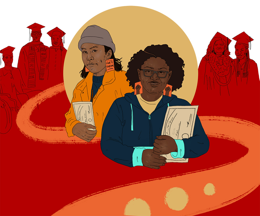 Illustration by Malaya Tuyay. It is a mural of a diverse group with looks of success with diplomas.