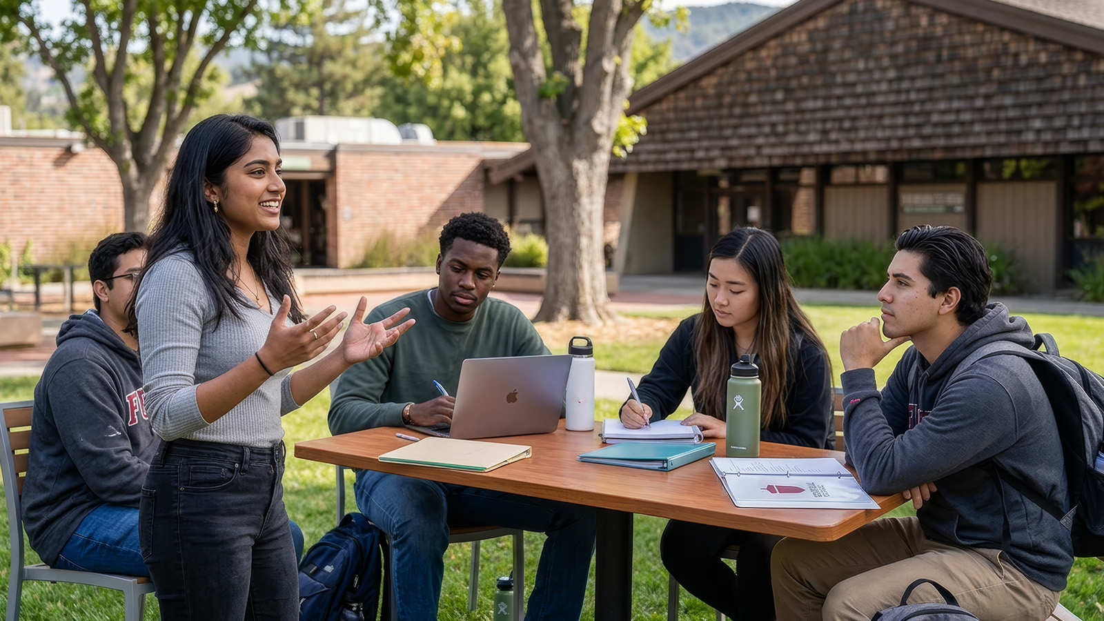 Students interacting with staff at the Welcome Center, receiving information and campus resources at the front desk with brochures and signage visible.  Open campus courtyard with green lawn, trees, and surrounding buildings, featuring outdoor seating with red umbrellas and a view of nearby hills.  Students engaged in an outdoor ethnic studies discussion, collaborating with books and laptops while a peer leads conversation at a campus table.  Student leading a discussion with peers outdoors on campus, presenting ideas while others take notes and collaborate with laptops and materials at a table.