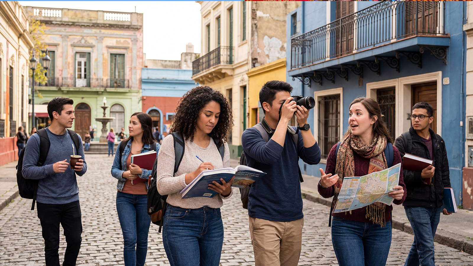 Colorful Buenos Aires street with vibrant buildings, cafés, and lively outdoor dining.
