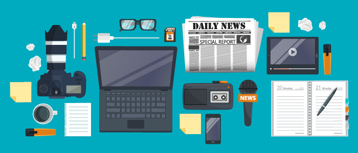 Journalism icons such as newspaper, camera, notebook, microphone