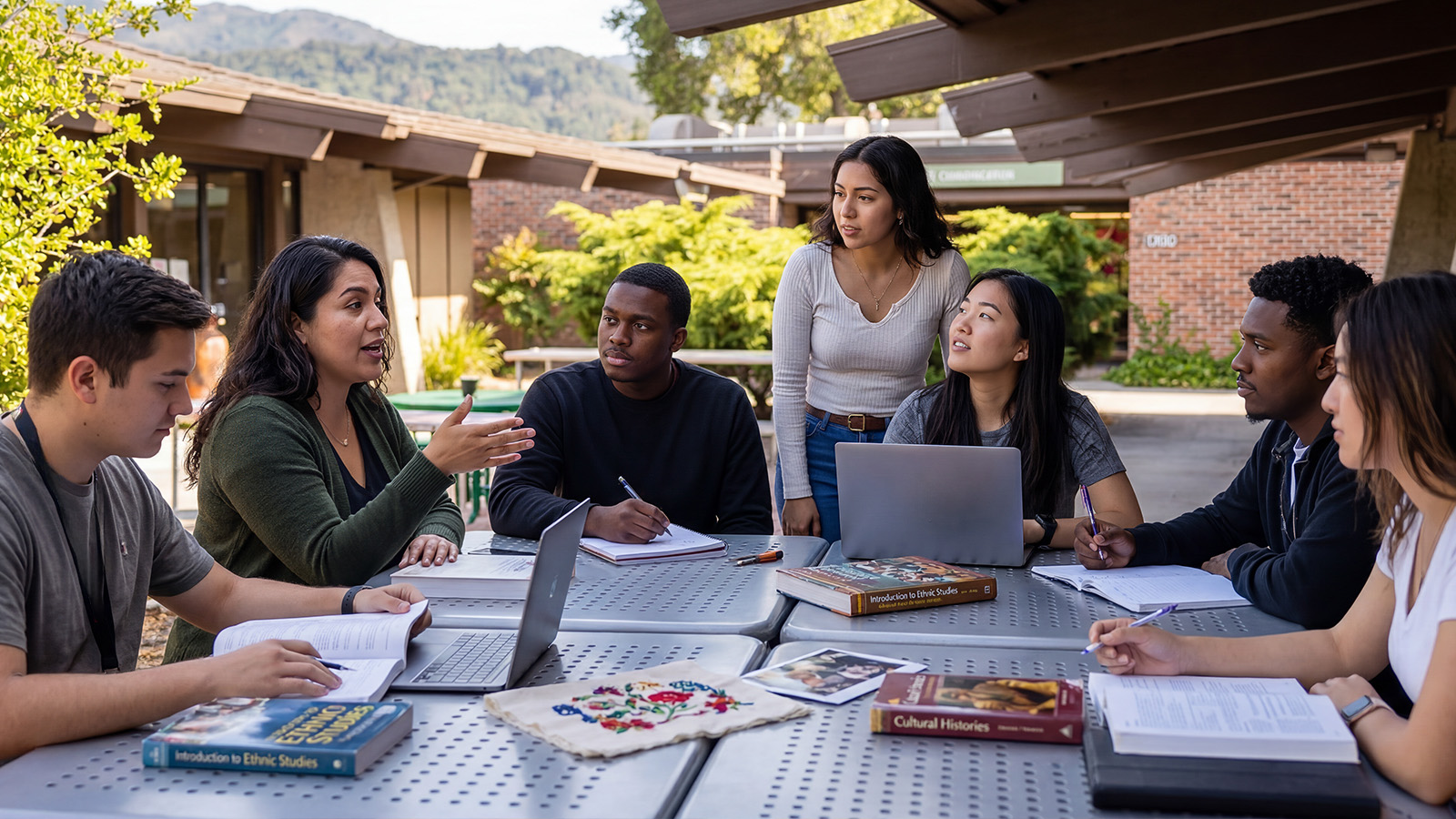 Students interacting with staff at the Welcome Center, receiving information and campus resources at the front desk with brochures and signage visible.  Open campus courtyard with green lawn, trees, and surrounding buildings, featuring outdoor seating with red umbrellas and a view of nearby hills.  Students engaged in an outdoor ethnic studies discussion, collaborating with books and laptops while a peer leads conversation at a campus table.