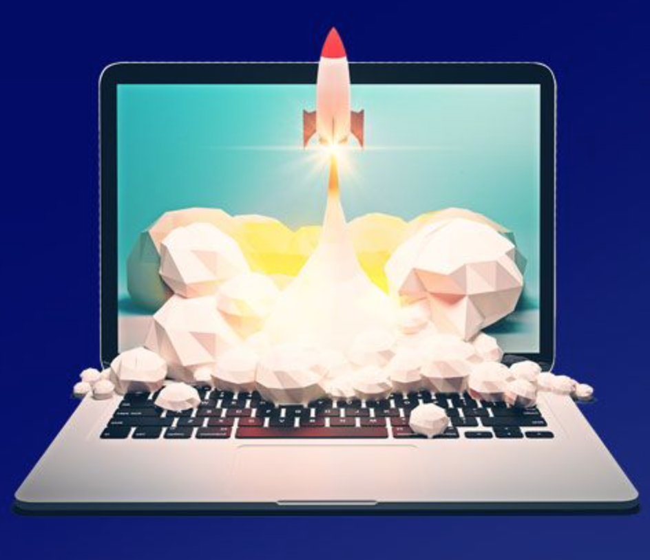 animated rocket ship flying from laptop