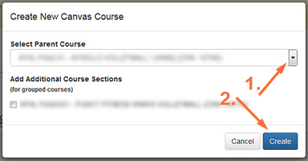 Arrow pointing to Select Parent Course dropdown menu and arrow pointing to Create button