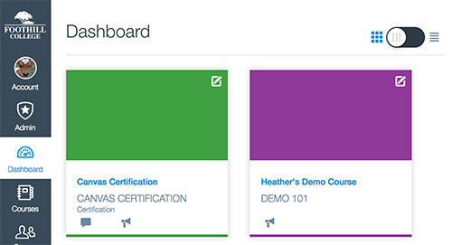 Canvas dashboard in default view showing course cards