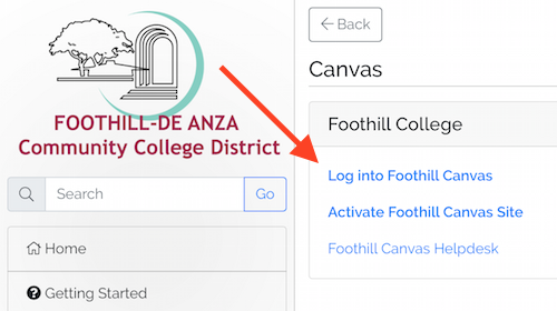 Arrow pointing to Log into Foothill Canvas link