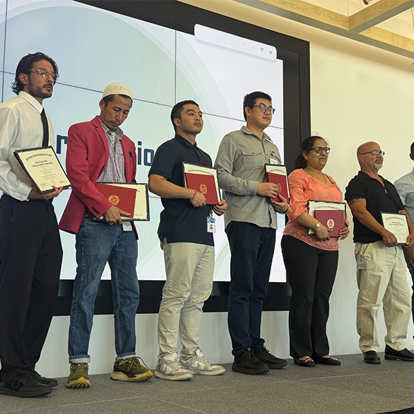 Foothill College collaborates with Western Digital, Applied Materials, and Nokia to offer an Apprenticeship Semiconductor Processing Technician certificate pathway. Students in the program work full-time at these semiconductor companies while attending school part-time in person at the Sunnyvale Education Center for nine months. On July 21st, we celebrated our third cohort of seven graduates who successfully completed the program. The graduates participated in a graduation ceremony held at Nokia in Sunnyvale.