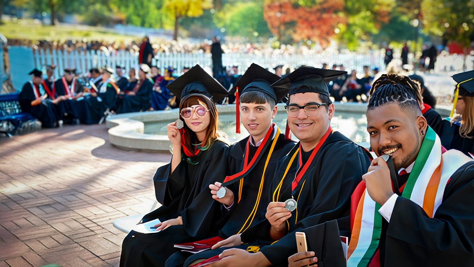 Four graduates in caps and gowns sit near a campus fountain during a commencement ceremony, smiling and holding up their medals while a crowd of attendees and faculty gather in the background