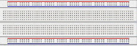 Image of a breadboard, a circuit prototype tool that allows you to build circuits by placing wires and components into small holes