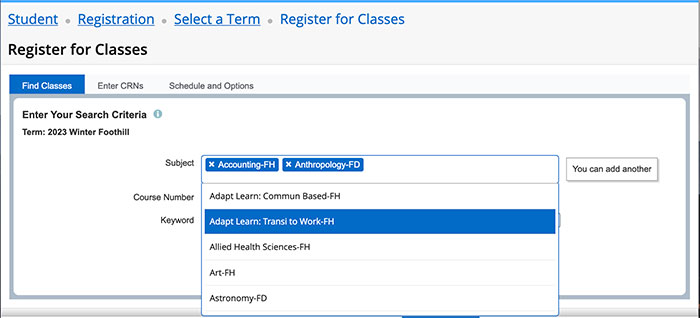 Find Classes Tab