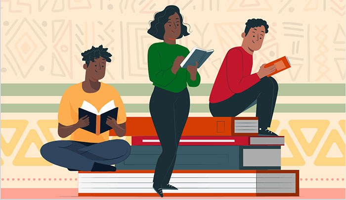 Three students of color reading books