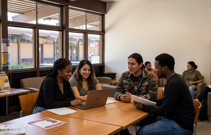 Students collaborating and studying together in the BIPOC Center, using a laptop and notes in a welcoming space with culturally affirming posters and campus resources.