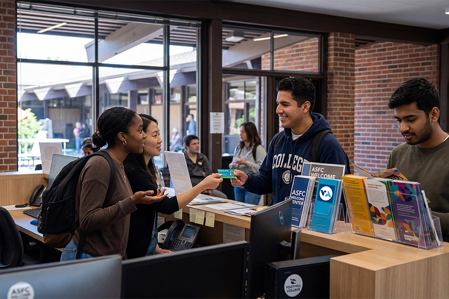 Students interacting at a campus welcome center desk, receiving assistance and information while staff provide materials and answer questions.
